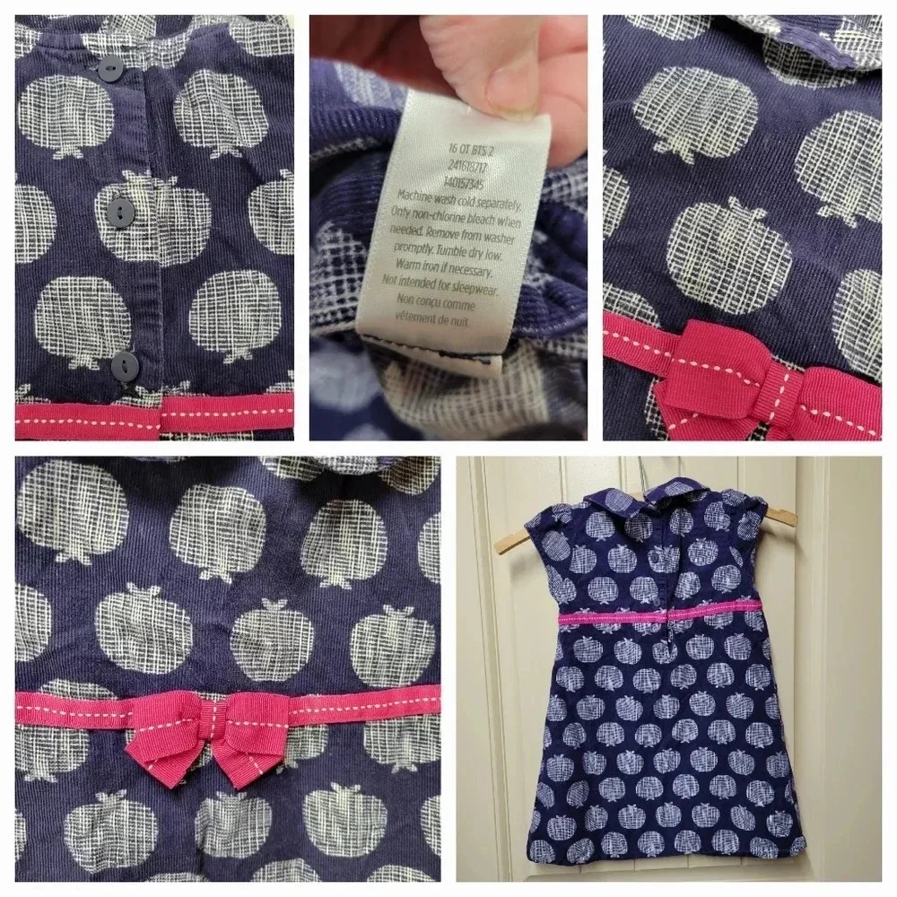 Gymboree Girls Size 4T Dress Navy Blue Apples Pink Ribbon Waist